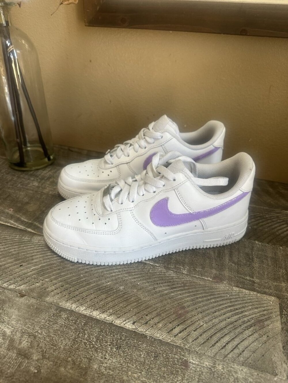 Nike Air Force 1 White sneakers featuring custom-painted lilac womens 8.5